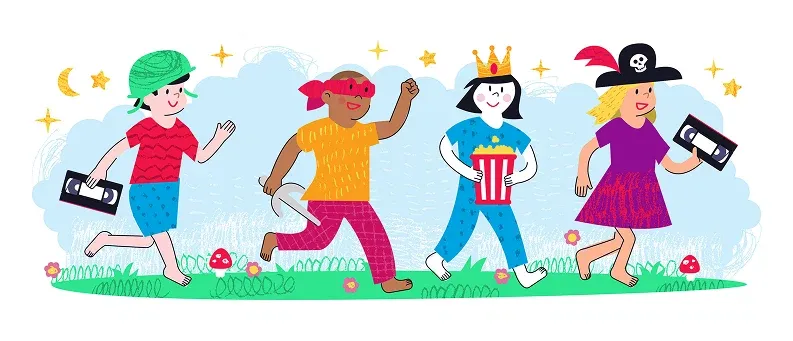 crayon style drawing of kids in costume going to watch a movie